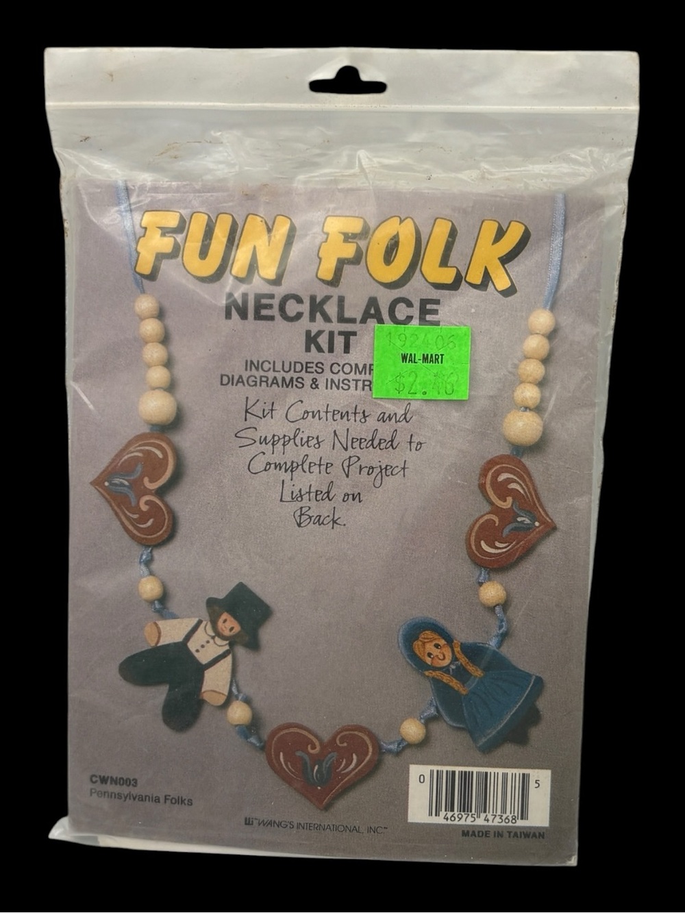 NOS Wang's Fun Folk Craft Wood Necklace Kit CWN003 Blue Ribbon Pennsylvania Folk